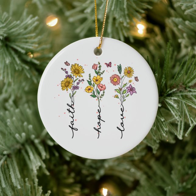 Faith Hope Kärlek - Blommigt inspirational Julgransprydnad Keramik (Träd)
