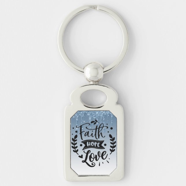 Faith Hope Kärlek Blue Dripping Glitter Keychain Rektangulärt Silverfärgad Nyckelring (Framsidan)