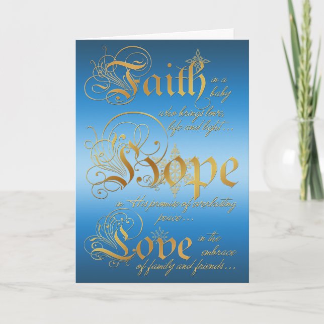 Faith, Hope, Kärlek Blue och Guld julkort Helgkort (Framsida)