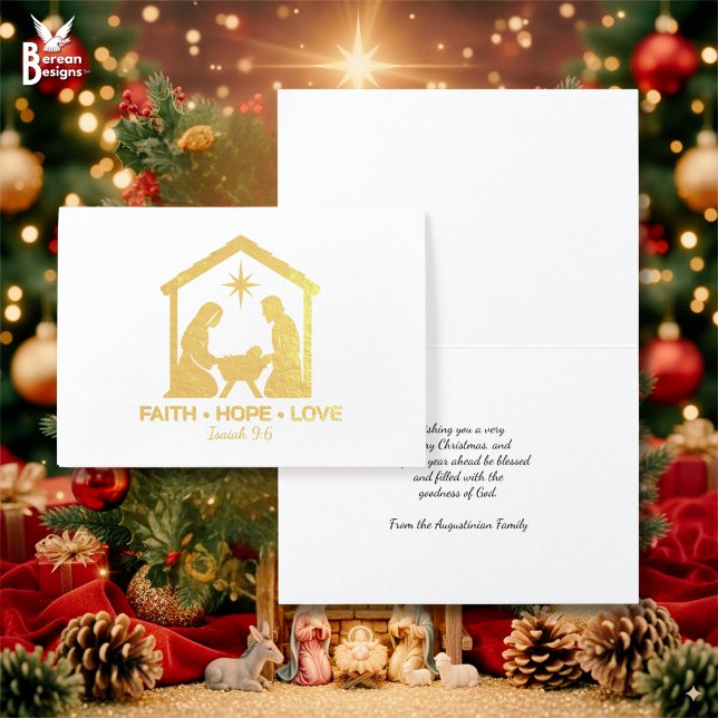 FAITH HOPE KÄRLEK Christian jul Ntivity Guld Folierat Kort (Stylish gold foil Christian Christmas Nativity card based on FAITH HOPE LOVE. Customizable text.)