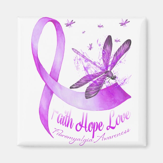 Faith Hope Kärlek Dragonfly Lila Ribbon Fibromyalg Magnet (Framsidan)