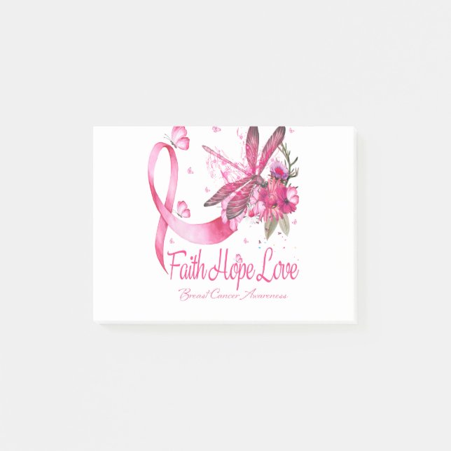 Faith Hope Kärlek Dragonfly Ribbon Breast Cancer Post-it Block (Framsida)