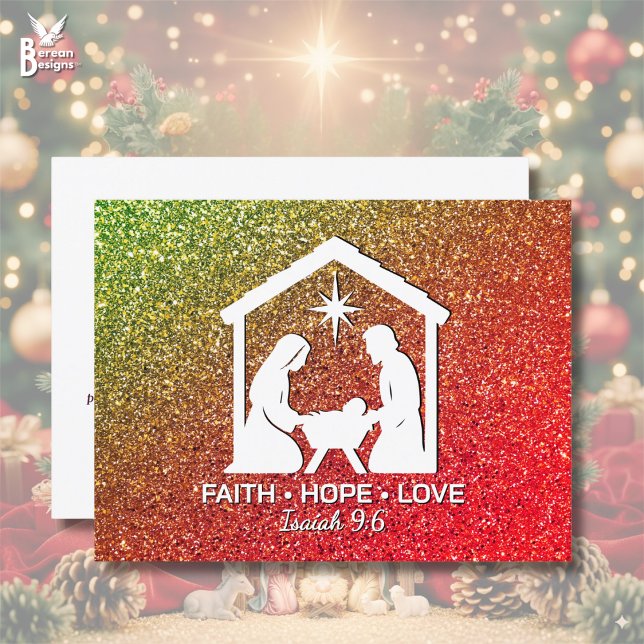 FAITH HOPE KÄRLEK Glitter Christian jul Helg Vykort (Stylish red green glitter Christian Christmas Nativity postcard with FAITH HOPE LOVE. Customizable.)