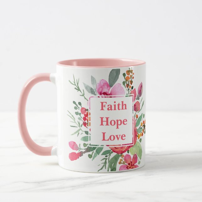 Faith Hope Kärlek vattenfärblommor Monogram Mugg (Vänster)