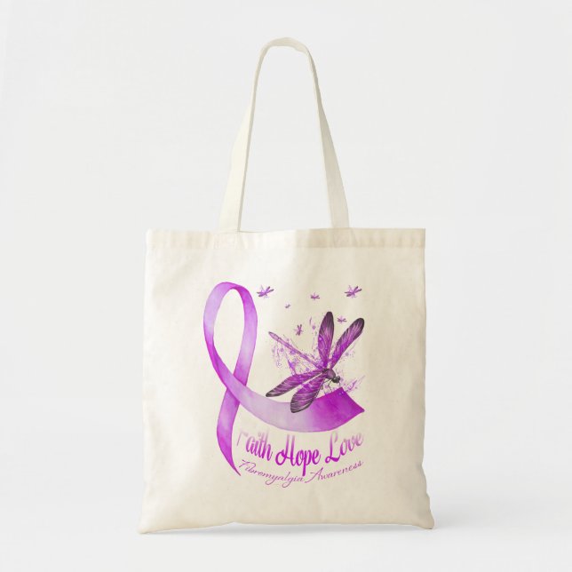 Faith Hope Love Dragonfly Purple Ribbon Fibromyalg Tygkasse (Framsidan)