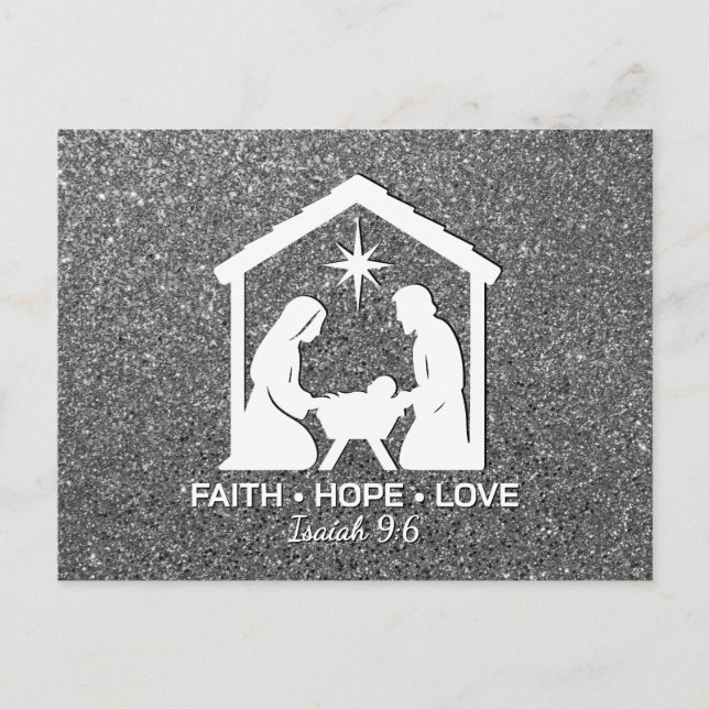 FAITH HOPE LOVE Silver Glitter Christian Christmas Helg Vykort (Framsida)