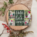 Faith Kärlek Family | Julfotopassage Julkort<br><div class="desc">Rustiskt och festivt fotokort för helgdag innehåller fyra foton i en kollagelayout,  med "tro,  kärlek,  familj" i vit,  skrift på en handmålad grönt och svart buffelbaksida. Anpassa med din namn under.</div>