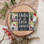 Faith Kärlek Family | Julfotopassage Julkort<br><div class="desc">Rustiskt och festivt fotokort för helgdag innehåller fyra foton i en kollagelayout,  med "tro,  kärlek,  familj" i vit,  handskriven typografi på en handmålad grått och svart buffelbaksida. Anpassa med din namn under.</div>