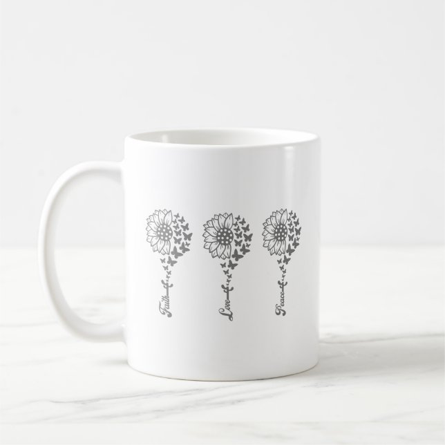 Faith Kärlek Peace Solros med Butterflies-kaffe Kaffemugg (Vänster)