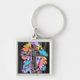 Faith Kor, fjärilar och blommor Fyrkantig Silverfärgad Nyckelring