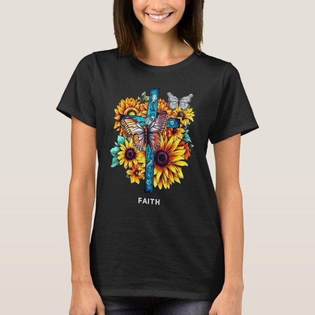 Faith Kor Sunblommblommblommor Butterflies Christi T Shirt (Framsida)
