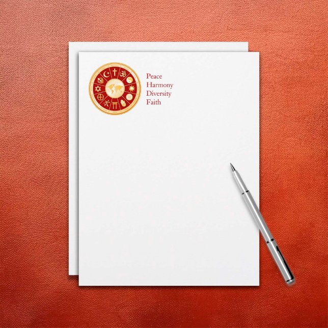 Faith Letterheads värld (Customize with your organization or message. Gold symbols of global religions surround a world map.)