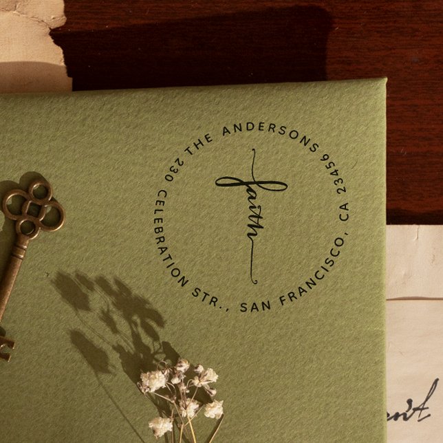 Faith Lettering Round Family Namn & Returadress Stämpel (Rubber Stamp Mock-up)
