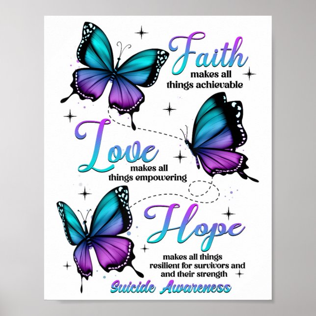 Faith Love Hope Fjäril Suicide Medvetenhet  Poster (Framsidan)