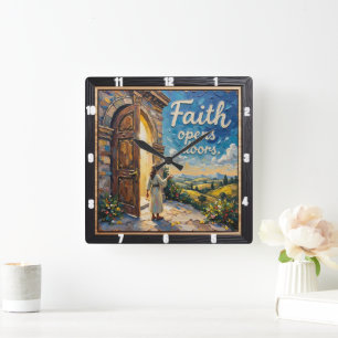 Faith öppnar dörrar fyrkantig klocka