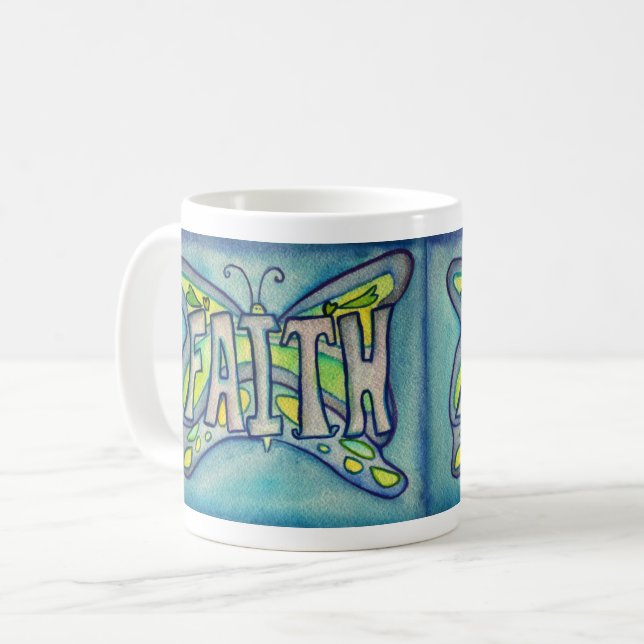 Faith Ord Art Blue Butterfly Vingar Coffee Mugg (Framsida vänster)