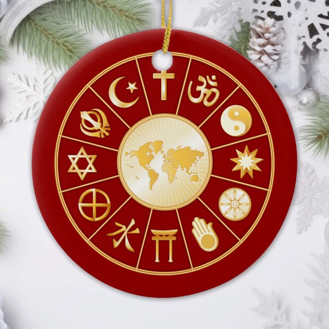 Faith Ornament (Gold symbols of international religions surround a world map. )
