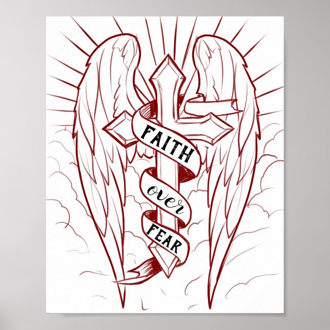 Faith over Fear Angel Vingar & Kor Christian Art Poster (Framsidan)