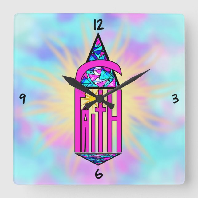 Faith ~ Steeple Square Wall Clock Fyrkantig Klocka (Framsida)