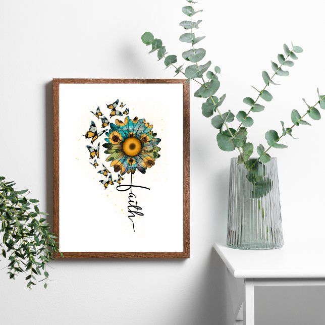 Faith Sunblommblommor Butterflies Christian Religi Poster (Faith butterflies Sunflowers Wall Art. Digital and Printed. )