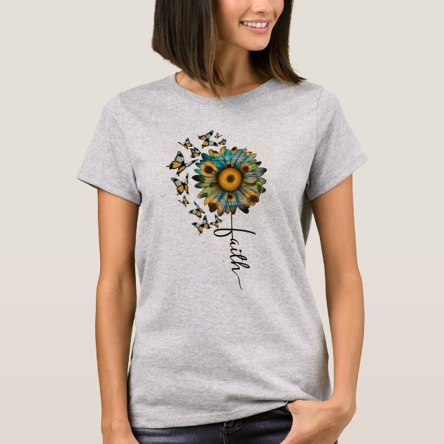 Faith Sunblommblommor Butterflies Christian Religi T Shirt (Framsida)