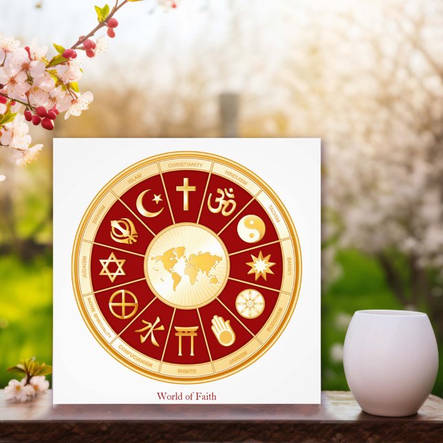Faith-världen Fototryck (World of Faith Photo Print.
Gold symbols of international religions surround a world map. )