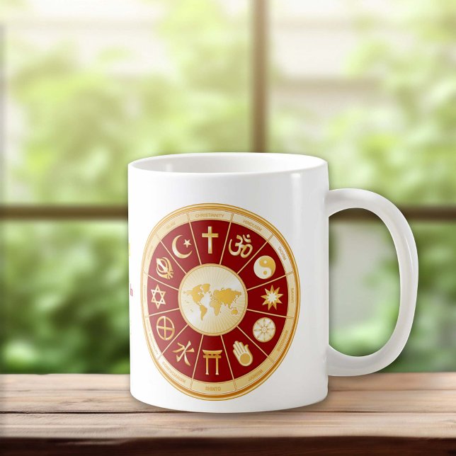 Faith-världen Kaffemugg (Customize with your text.  Gold symbols of international religions surround a world map.)