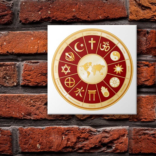 Faith-världen Kakelplatta (World of Faith Photo Print. Gold symbols of international religions surround a world map. )