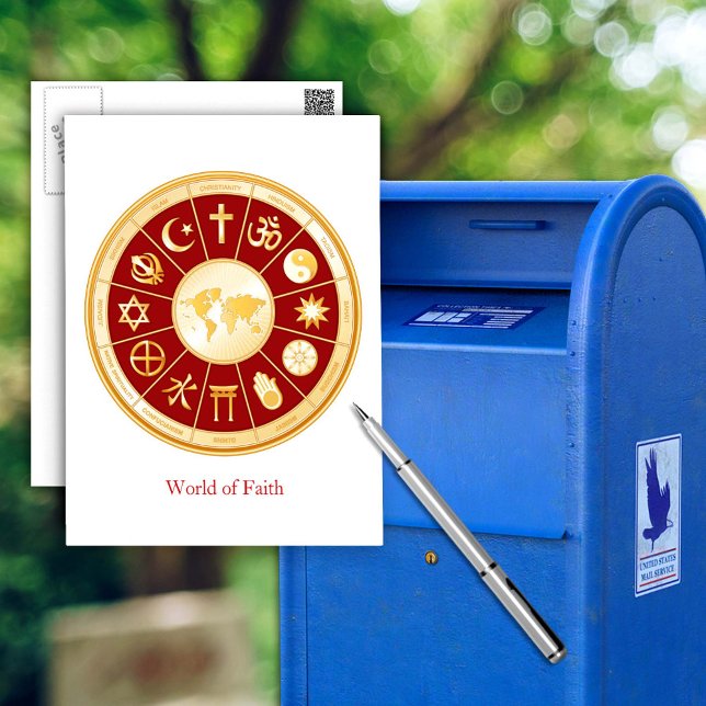 Faith-världen Vykort (World of Faith Postcard.
Gold symbols of international religions surround a world map. )