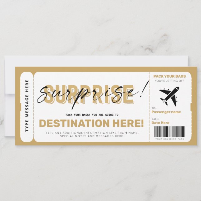 Fake Airplan Biljett Surprise Boarding Pass Inbjudningar (Framsida)