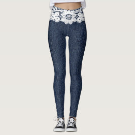 Fake Blue Jeans White Snöre Denim Leggings
