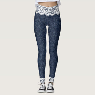 Fake Blue Jeans White Snöre Leggings