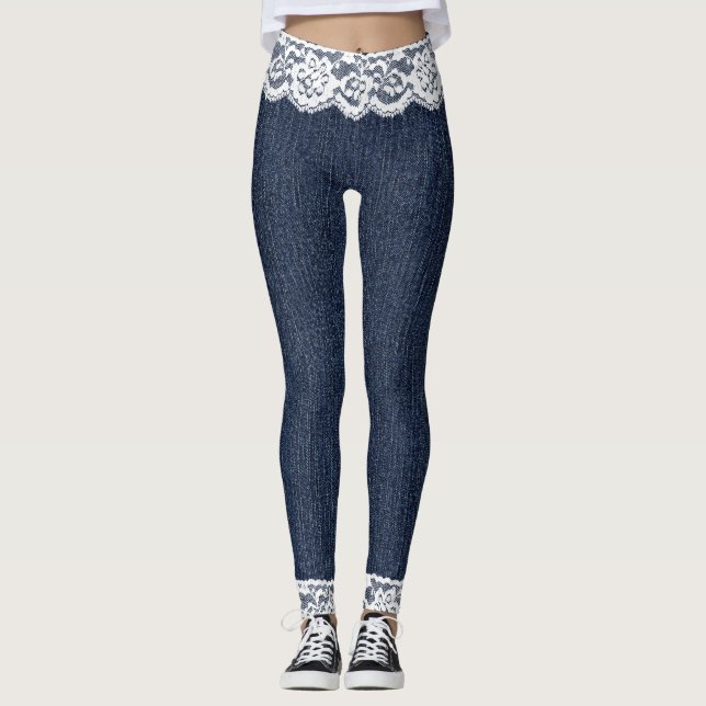 Fake Blue Jeans White Snöre Leggings (Framsida)