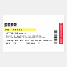 Fake Crazy Pills Prescription Label Halloween Prop Rektangulärt Klistermärke