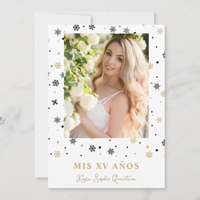 Fake Golden Snowflake Photo Quinceañera Spanska Inbjudningar (Framsida)