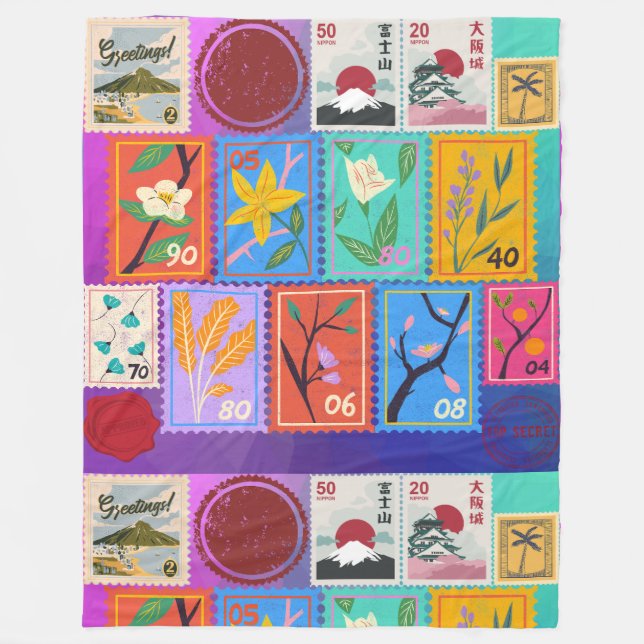 Fake Masterbit Random Frimärke Collage Collection Fleecefilt (Framsidan)