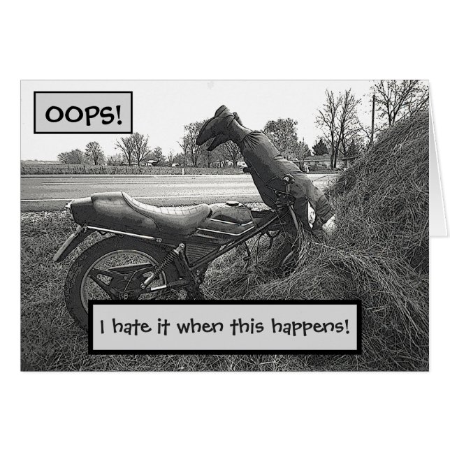 (FAKE)MOTORBIKE CRASH TILL HAY BALE /HUMOR HÄLSNINGSKORT (Framsidan Horizontal)