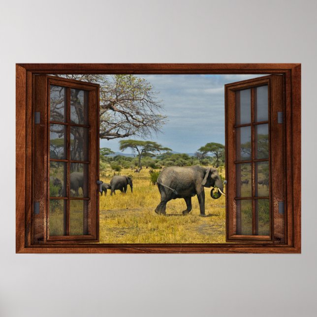 Fake Window Illusion - African Elephants Poster (Framsidan)