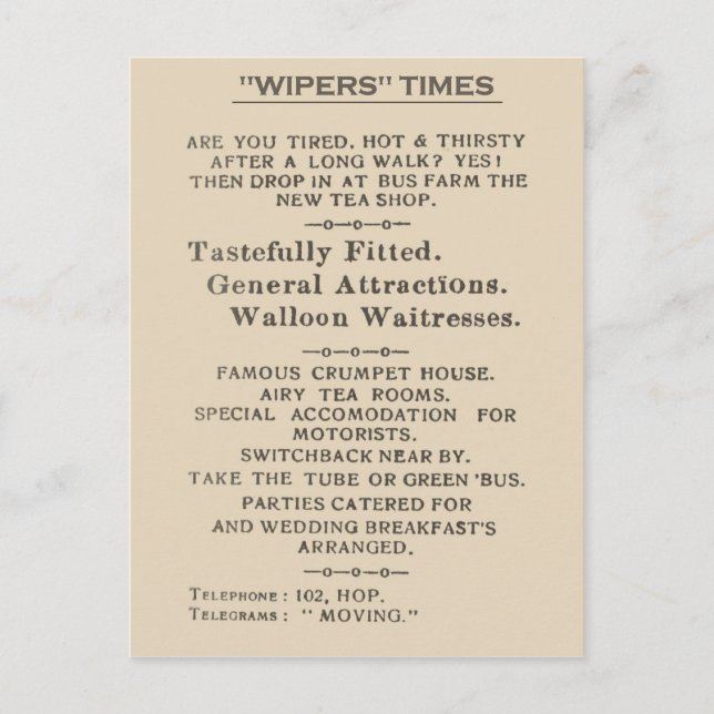 Faksimil Utdrag från Wipers Times 1916 Vykort (Framsida)