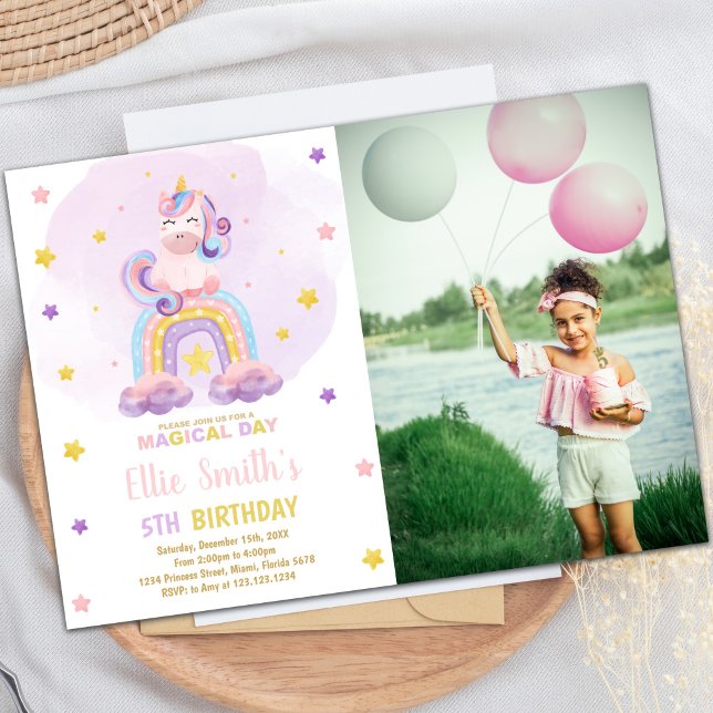 Faktablad om Årets födelsedag för regnbåge, Unicor Inbjudningar (Watercolor Rainbow Unicorn Birthday Invitations ph)