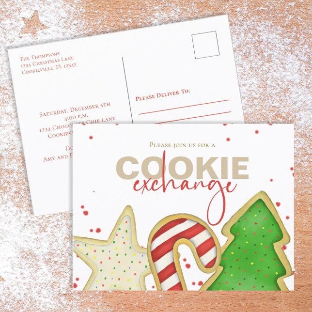 Faktor för utbyte av julklapp, Whimsical Sweet Exc Vykort (Christmas whimsical colorful cookie cutout postcard invitation with watercolor cute cookies. )