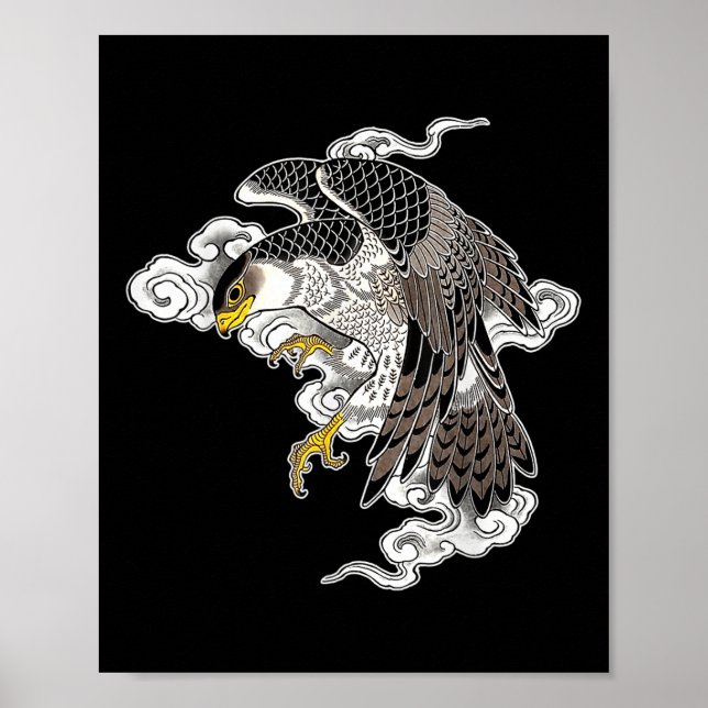 Falcon Hawk Flies X japansk Clouds TattoFlash Poster (Framsidan)