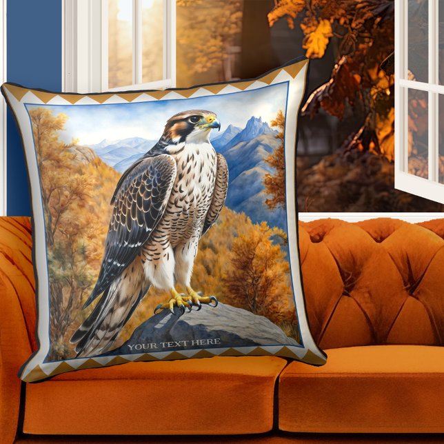 Falcon i bergsdjurskonst kudde (Pillow featuring a painting of a falcon in a mountain landscape. Great for anyone who loves birds.)