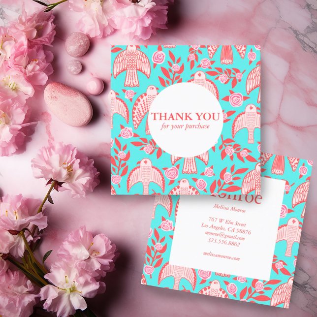 Falconer & Ro Chic Elegant Order Tack Fyrkantigt Visitkort (Custom thank you for your order card with a falcons and roses pattern in aqua and pink)