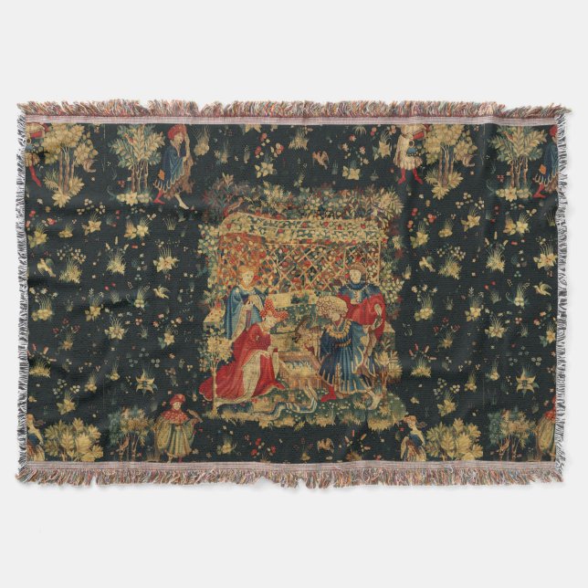 FALCONS BATH Red Blue Antique Medieval Tapestry Filt (Framsidan)