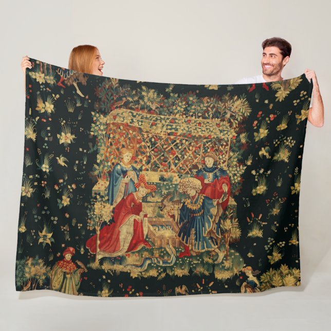 FALCONS BATH Red Blue Antique Medieval Tapestry Fleecefilt (På plats)