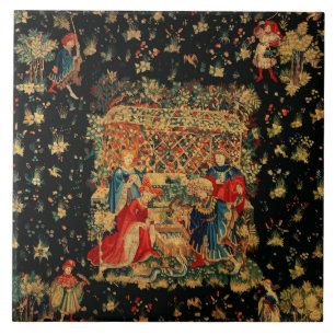 FALCONS BATH Red Blue Antique Medieval Tapestry Kakelplatta