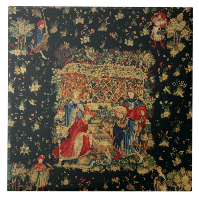 FALCONS BATH Red Blue Antique Medieval Tapestry Kakelplatta (Framsidan)