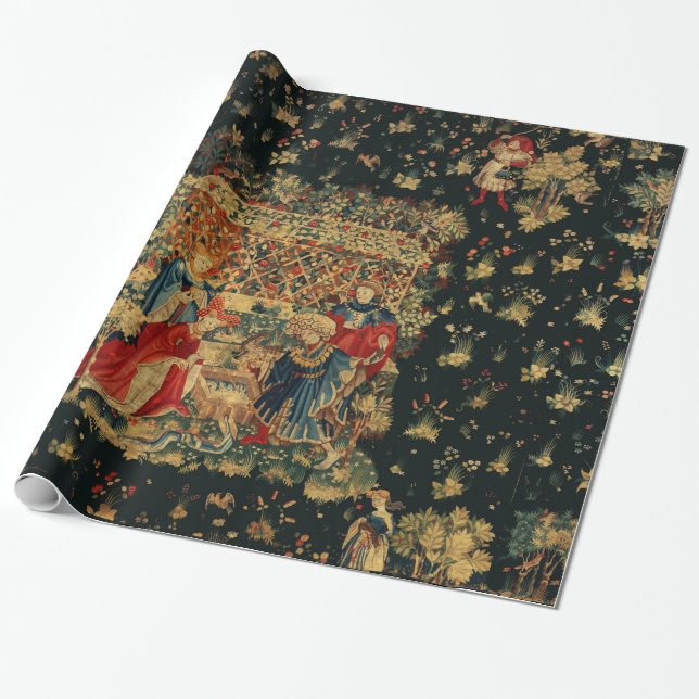 FALCONS BATH Red Blue Antique Medieval Tapestry Presentpapper (Utrullad)