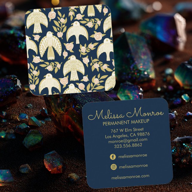Falcons & Roses Elegant Boho Marin Fyrkant Fyrkantigt Visitkort (Falcons & Roses Elegant Boho Navy Square Business Card
)
